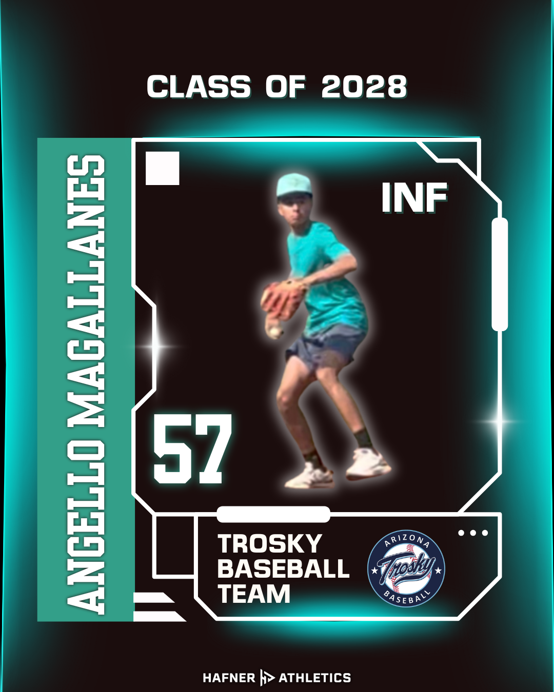 Digital sports card featuring a young baseball player in a fighting stance, wearing a teal shirt, gray shorts, and a cap. The card displays the name 'TROSKY BASEBALL TEAM,' the number 52, and details indicating a position of infielder ('INF'). The card is titled 'CLASS OF 2028' with a logo that reads 'ARIZONA TROSY BASEBALL,' and branding from 'HAFNER ATHLETICS.'