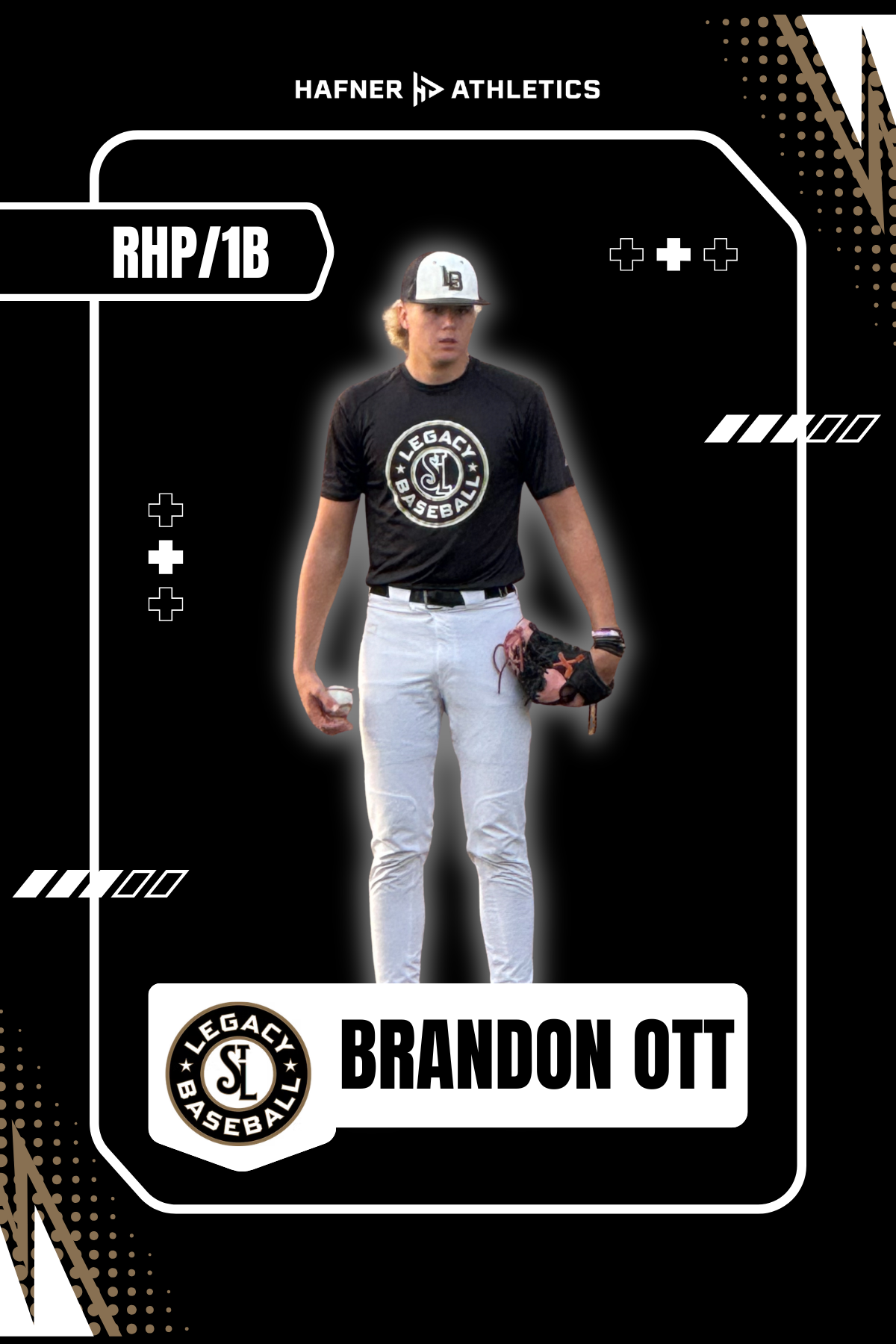 A baseball player wearing a black t-shirt with 'Legacy Baseball' logo, white pants, and a baseball glove on his left hand, standing against a black graphic background. Text displays 'RHP/1B' and 'Brandon Ott' with 'HAFNER ATHLETICS' branding at the top.