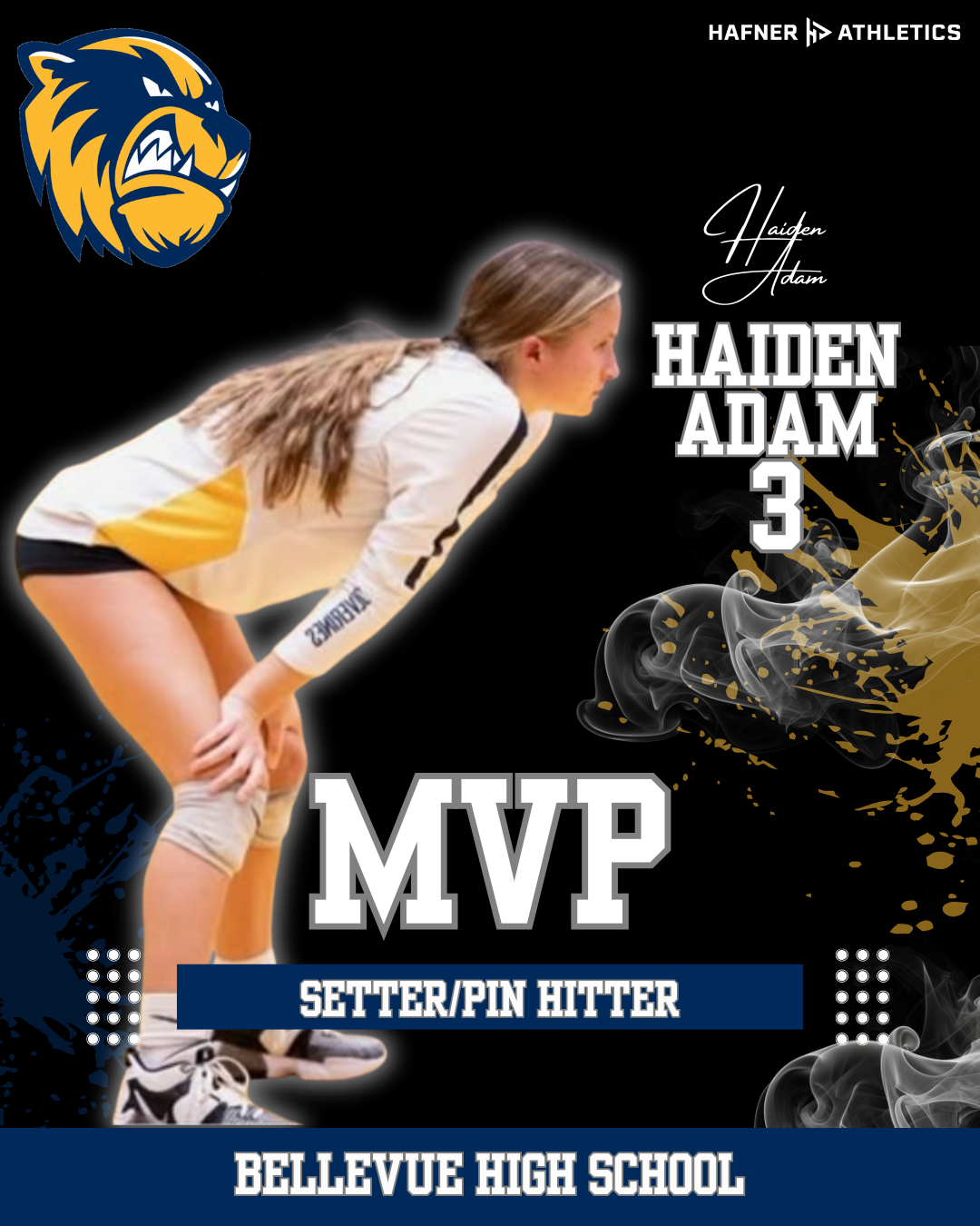 A volleyball player in a white and yellow uniform kneeling, with long blonde hair, on a black background with sports-related graphics, including a tiger logo and text honoring Hayden Adam as MVP setter/pin hitter from Bellevue High School.