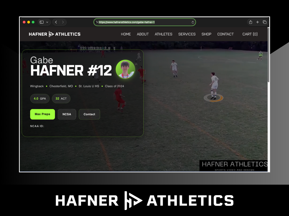 Screenshot of a sports website homepage featuring Gabe Hafner's recruiting profile. The page has navigation links at the top, a main headline with his name and recruiting info, two bright green buttons labeled Instagram and YouTube, and a photo of Gabe Hafner holding a trophy, wearing a T-shirt with a medal around his neck.