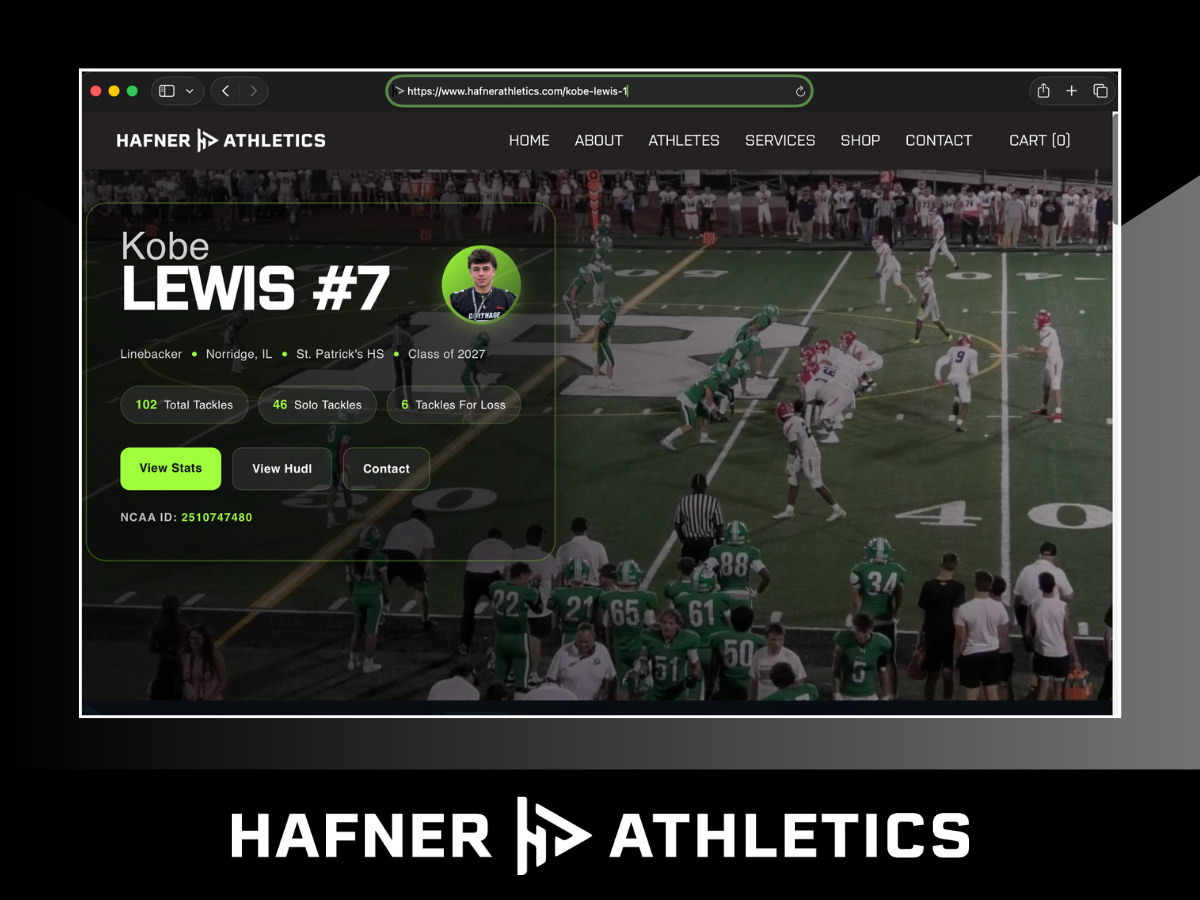 Screenshot of a sports team webpage featuring a football player profile for Kobe Lewis, a linebacker, with stats and a background image of a football game.