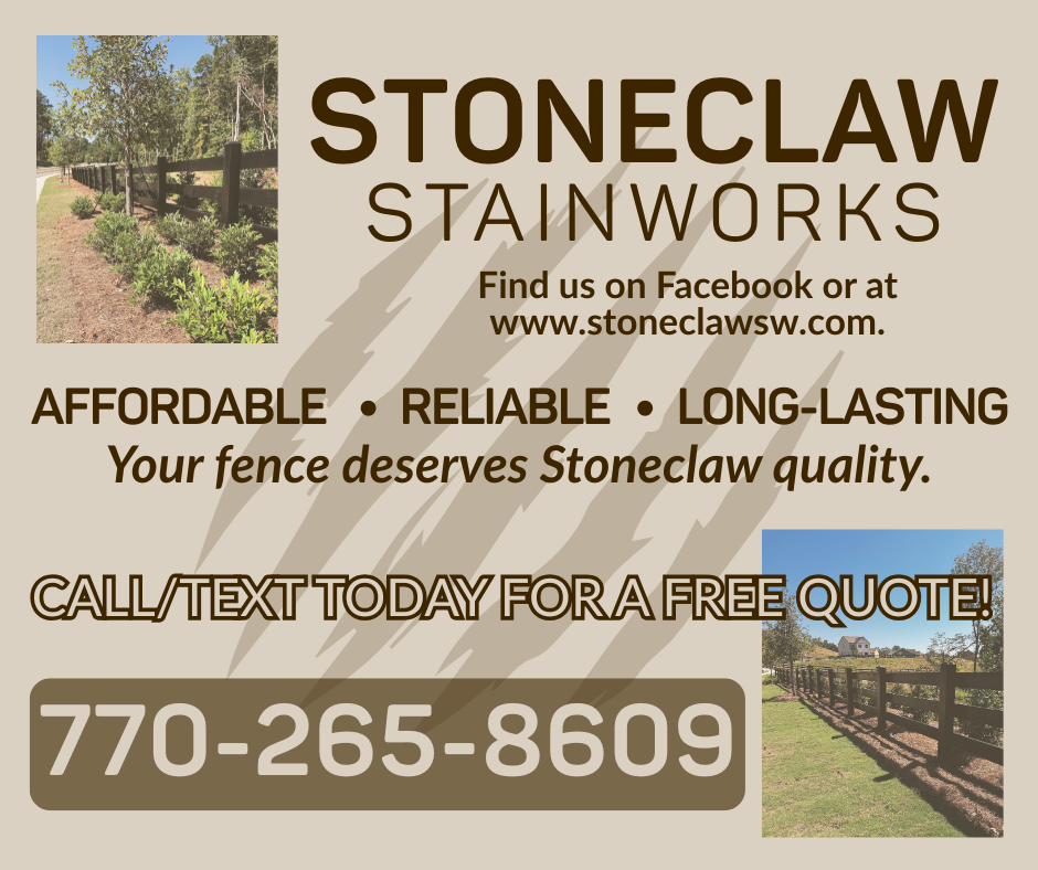 Business advertisement for Stoneclaw Stainworks featuring images of a fence and a landscaping scene, with contact information including a phone number and website.