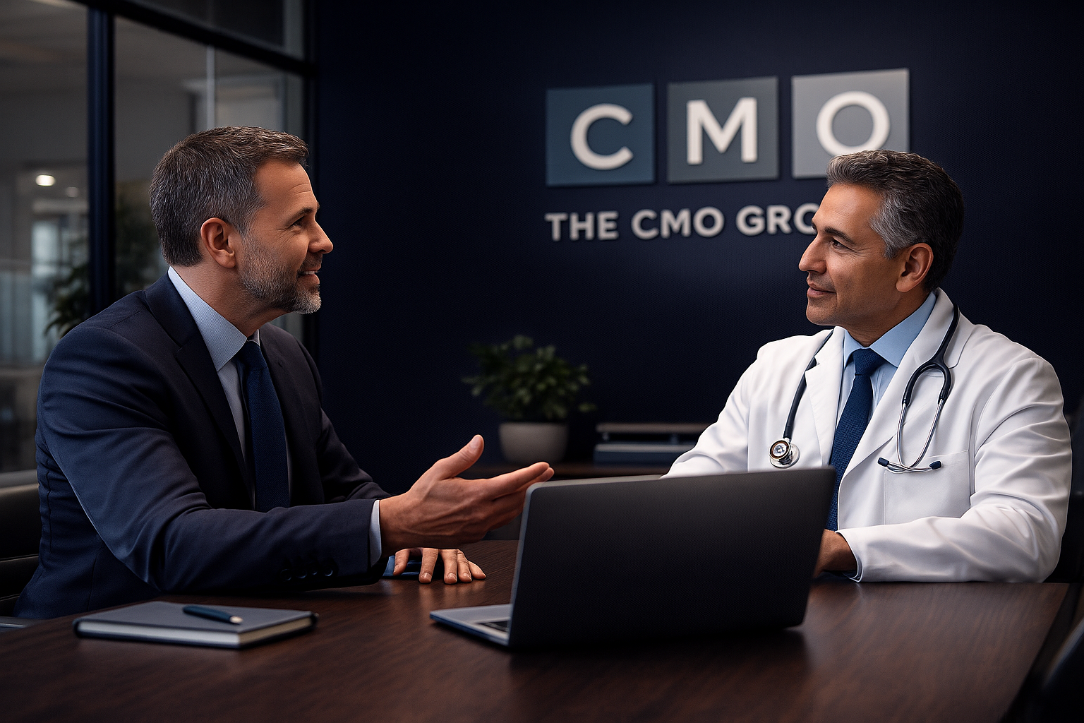 A doctor and an executive having a coaching session in an office, with a sign in the background reading "The CMO Group"