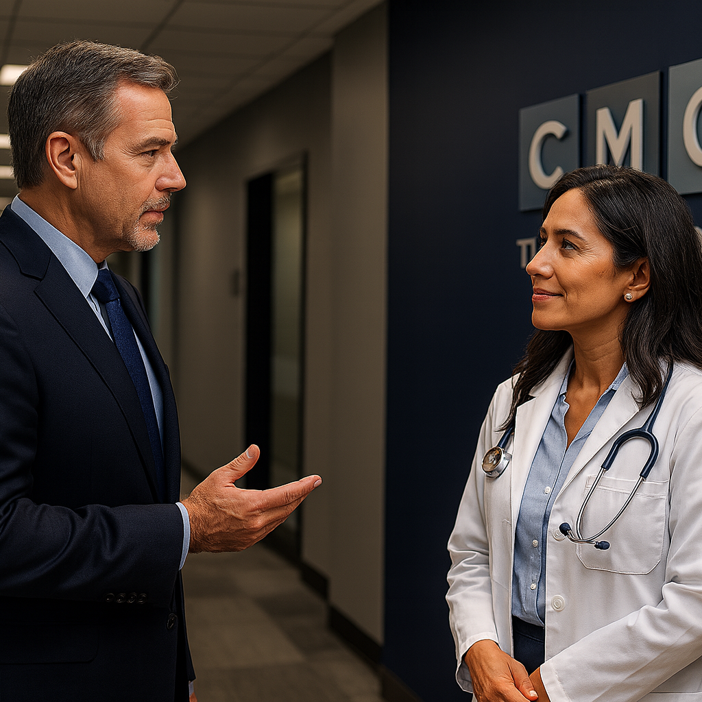 An executive and a doctor having an advising session in a corridor of The CMO Group corporate office