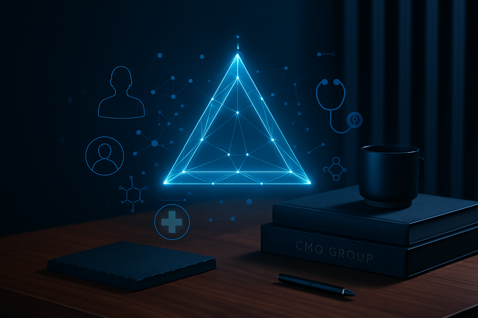 Digital hologram of a glowing blue pyramid surrounded by healthcare related icons such as a stethoscope, patient silhouettes, a cross, and molecular diagrams, on a desk with notebooks, a mug, a pen, and a coaster.