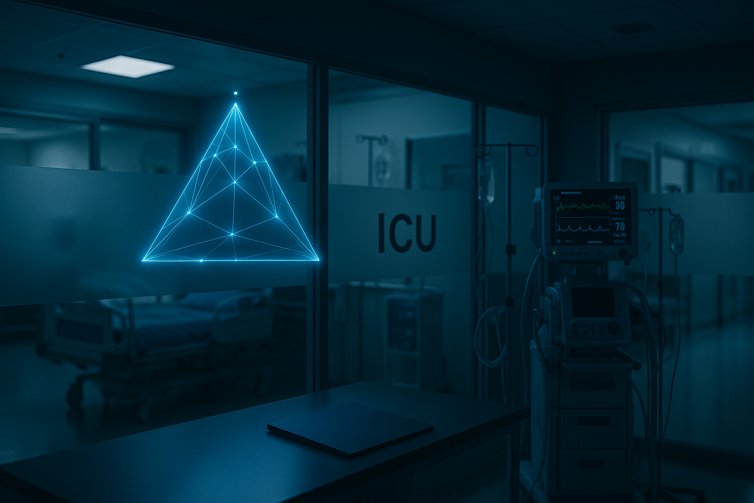 Hospital ICU room with medical monitors and IV stands, illuminated by a blue geometric neon triangle on the glass door.