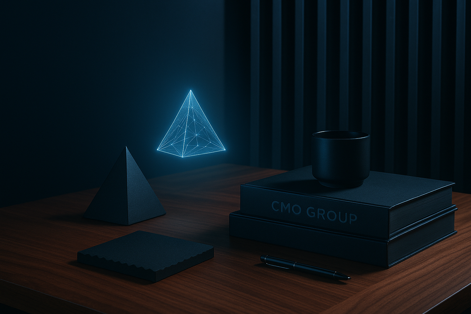 A dark wooden desk with a black coffee cup on top of two black books labeled 'CMO GROUP,' a black pen, a textured black notepad, a black pyramid, and a floating illuminated 3D wireframe pyramid and tetrahedron in a dimly lit room.