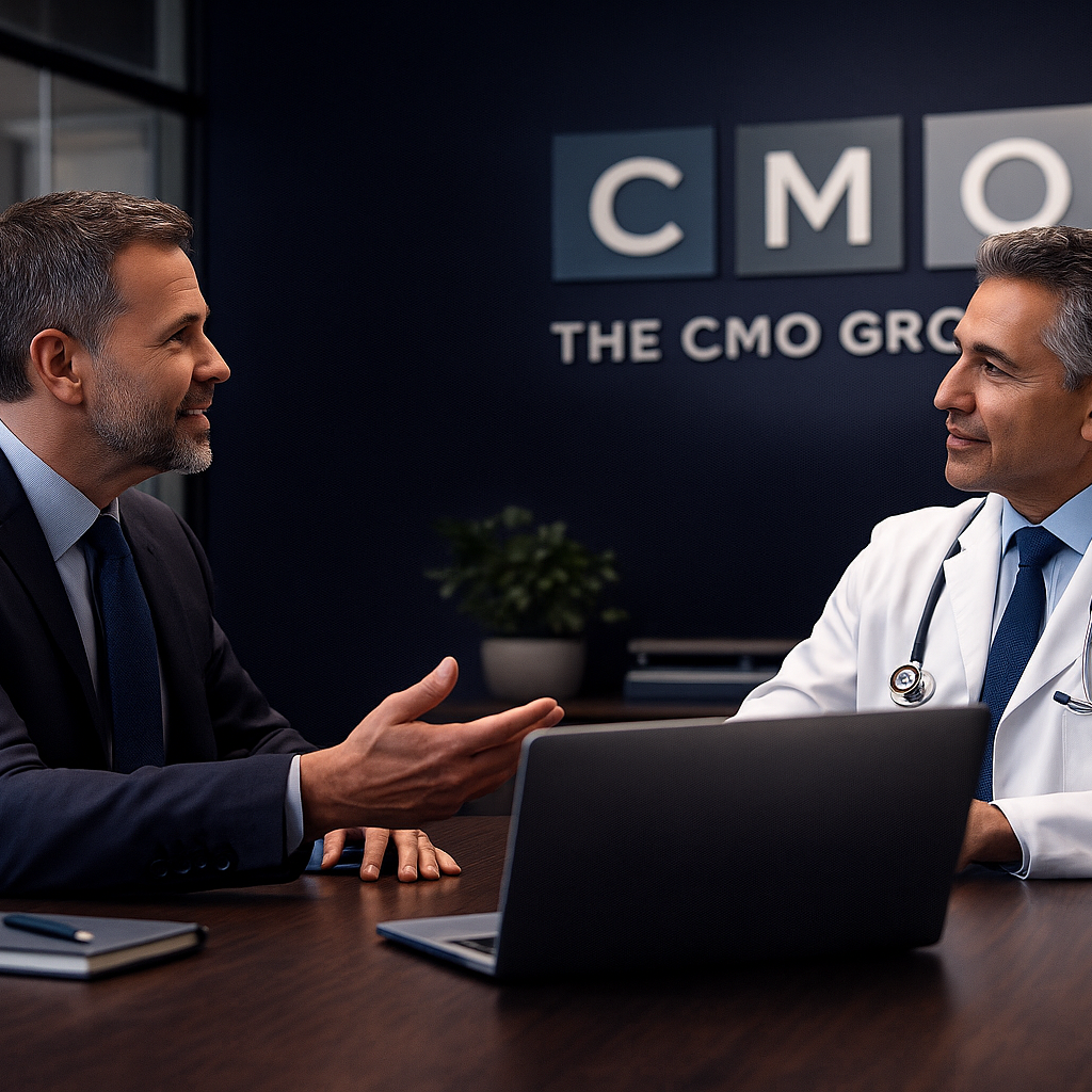 A doctor and an executive having a coaching session in an office, with a sign in the background reading "The CMO Group."