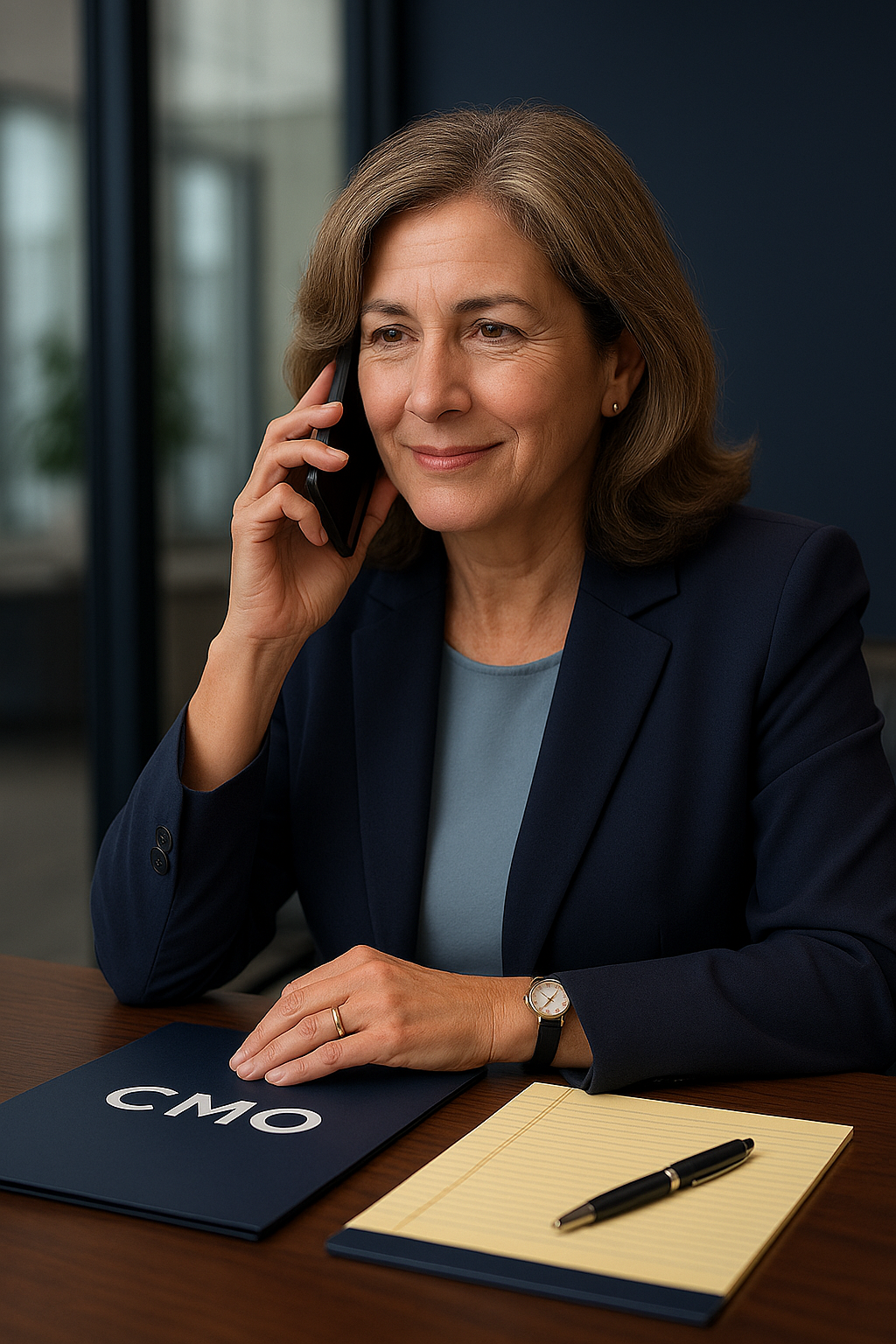 A middle-aged woman with shoulder-length brown hair, dressed in a navy blazer and light blue top, sitting at a desk while talking on the phone. On the desk, there's a navy folder with white letters spelling the letters CMO on a dark folder.