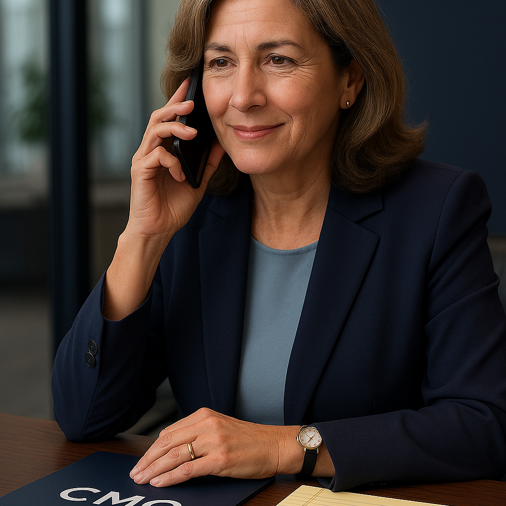 An executive woman smiling while talking on a smartphone with a black folder labeled 'CMO' and a yellow notepad on the desk.