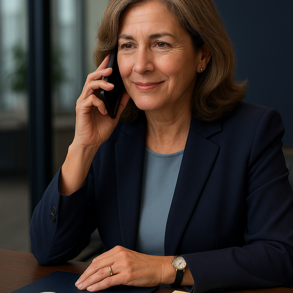 An executive woman smiling during a conversation on physician career support in an office setting.