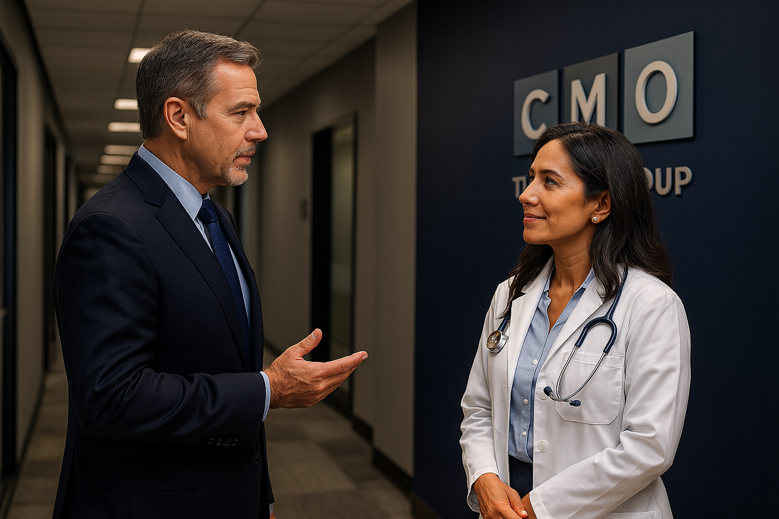 A male doctor with gray hair and a female doctor with dark hair having a conversation in a hospital hallway, with The CMO Group sign visible in the background.
