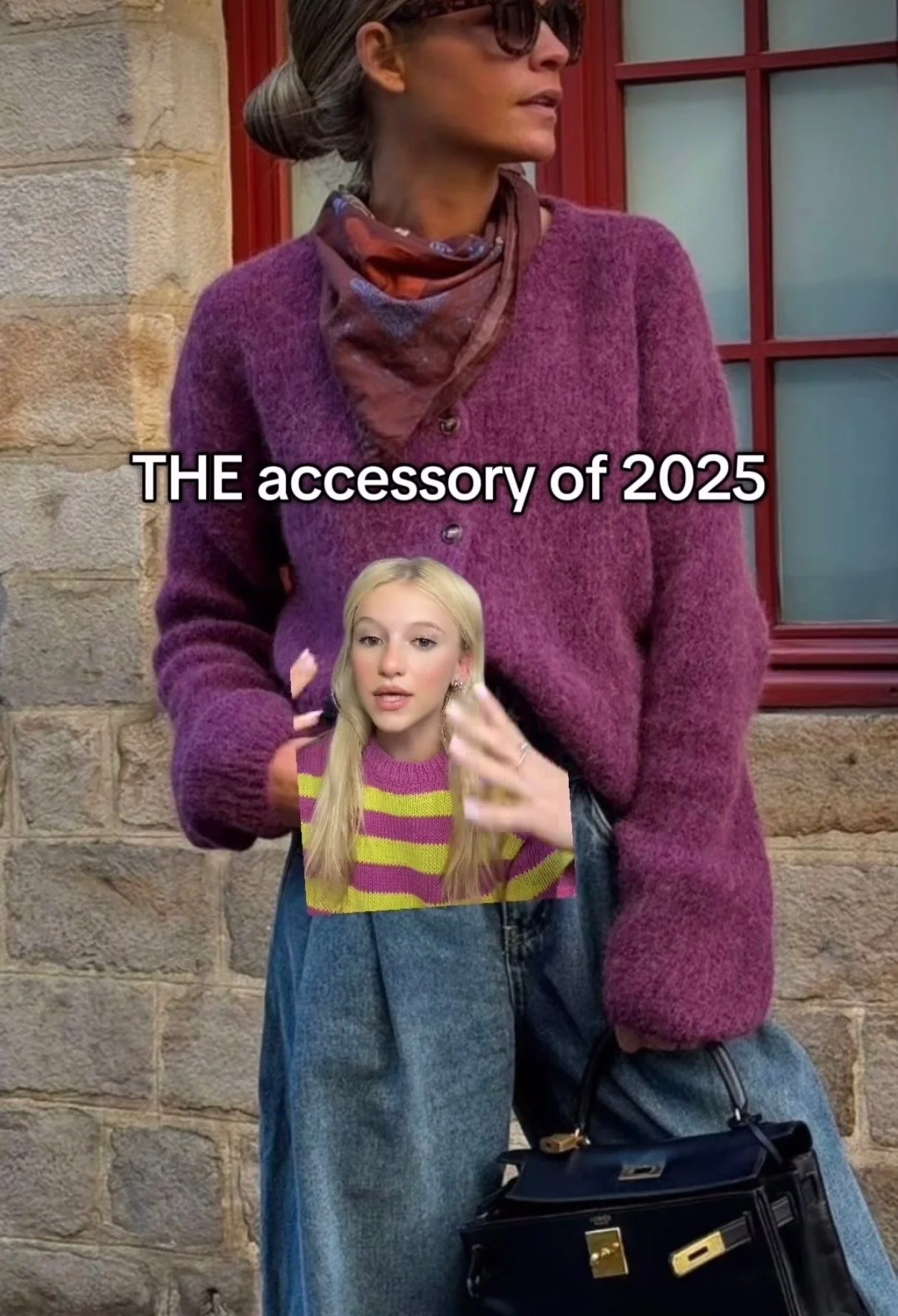 A woman in a purple sweater and scarf standing outside against a brick wall, with a photo of a blonde woman in a pink and yellow striped sweater and blue jeans superimposed in front of her.