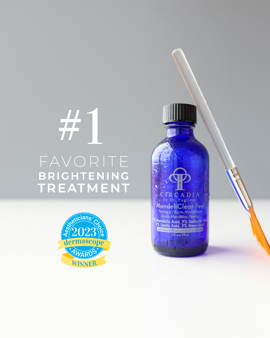Blue bottle of Circadia Chemical Peel with a glass dropper resting on top, promoting a brightening skin treatment as the number one favorite, with an award badge for dermascope 2023 winner.