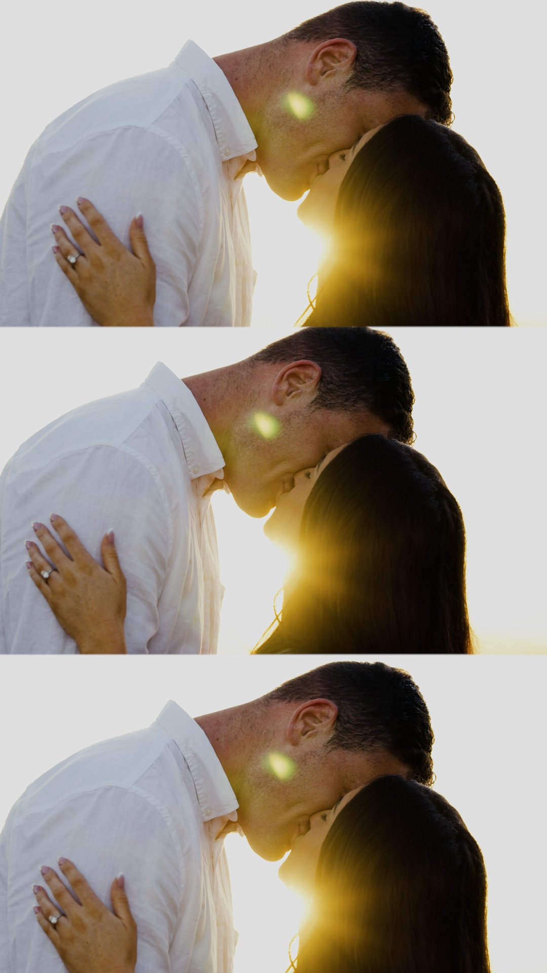 A couple kissing with sunlight behind them in three repeats.