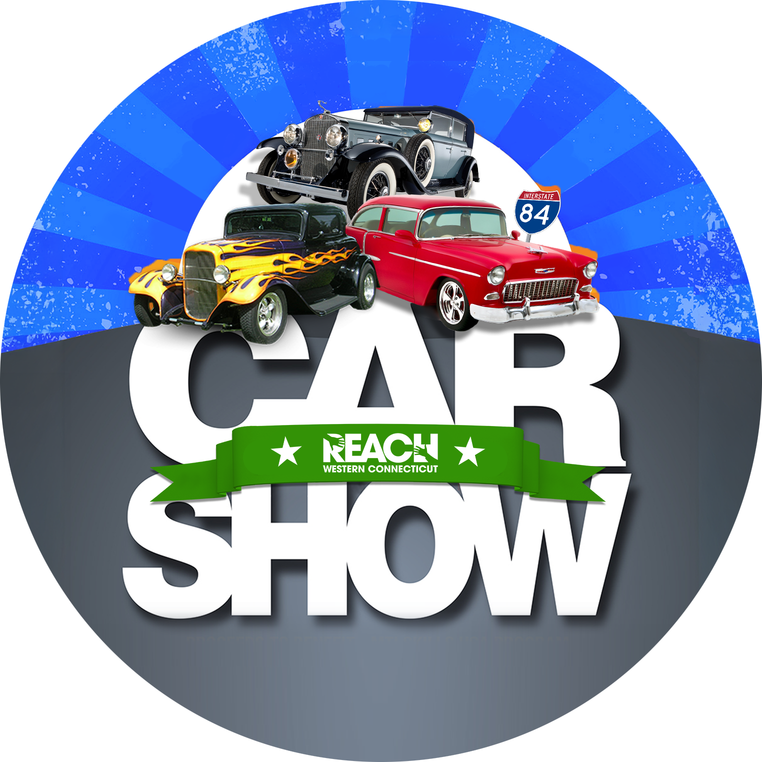 A logo for the Car Show in Western Connecticut featuring images of classic cars, with a blue sunburst background and a green banner that says 'REACH WESTERN CONNECTICUT'.