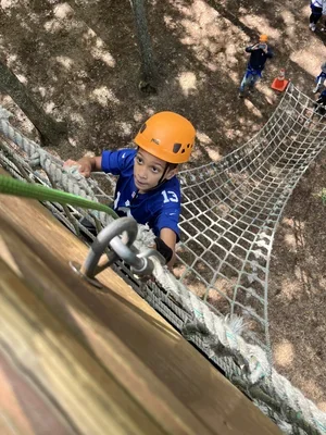A young boy wearing a helmet and a blue shirt climbing a tall rope ladder in a tree at a playground.