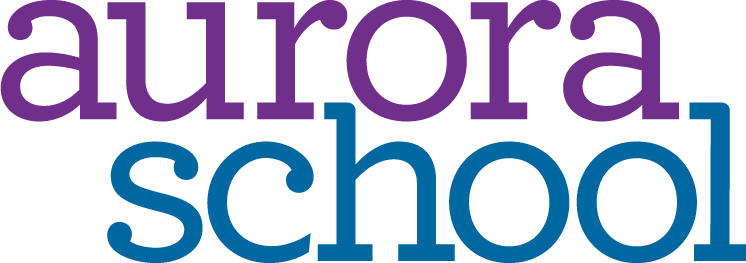Aurora School logo in purple and blue text.