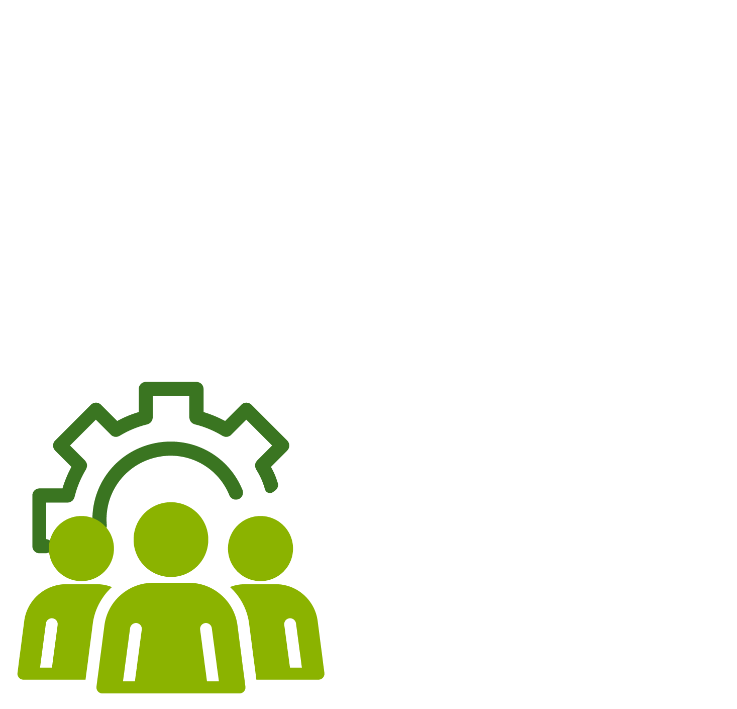 Graphic with three green human icons in front of a green gear, representing team or workforce management