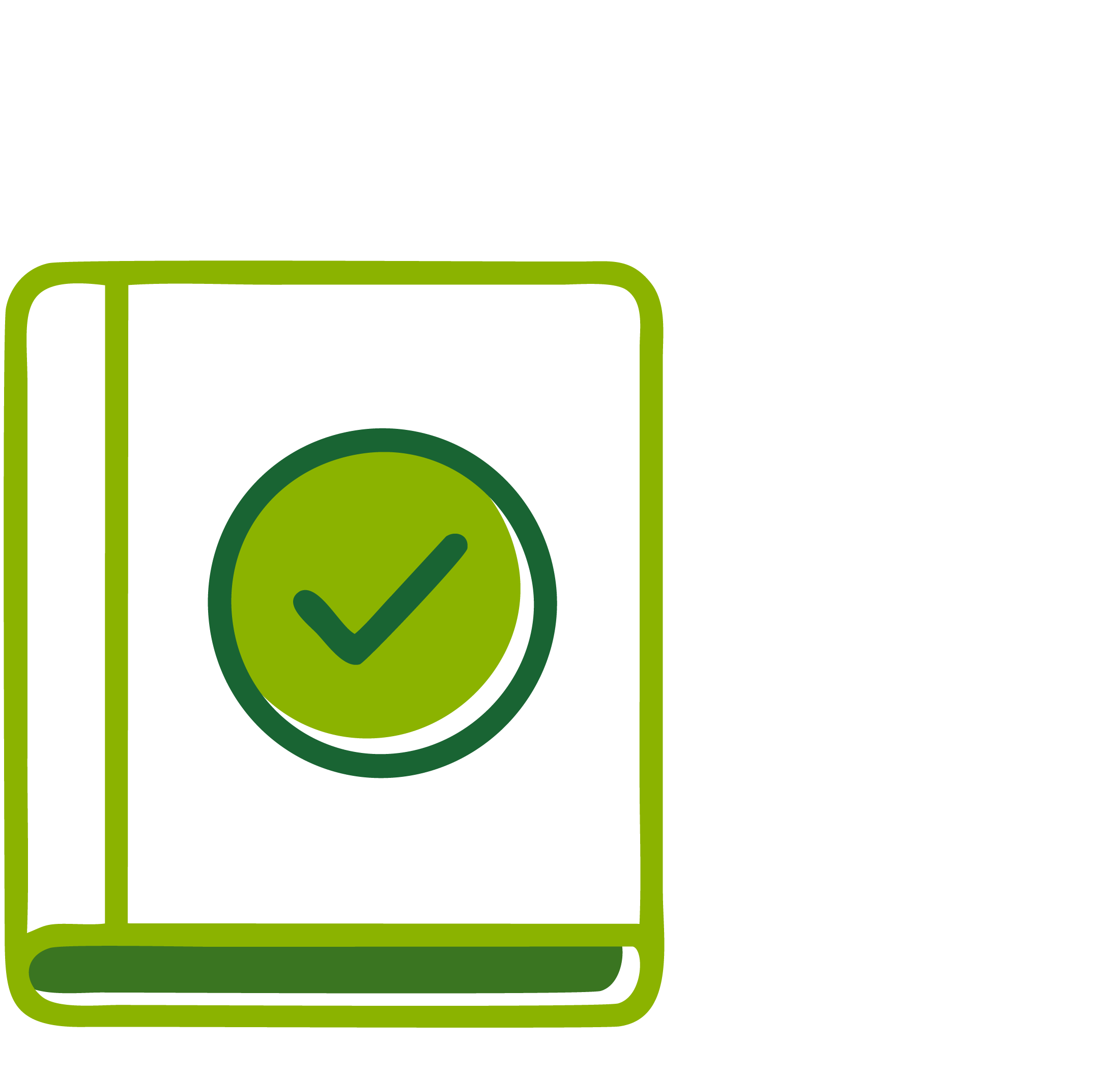 Green book with a checkmark symbol on the cover.