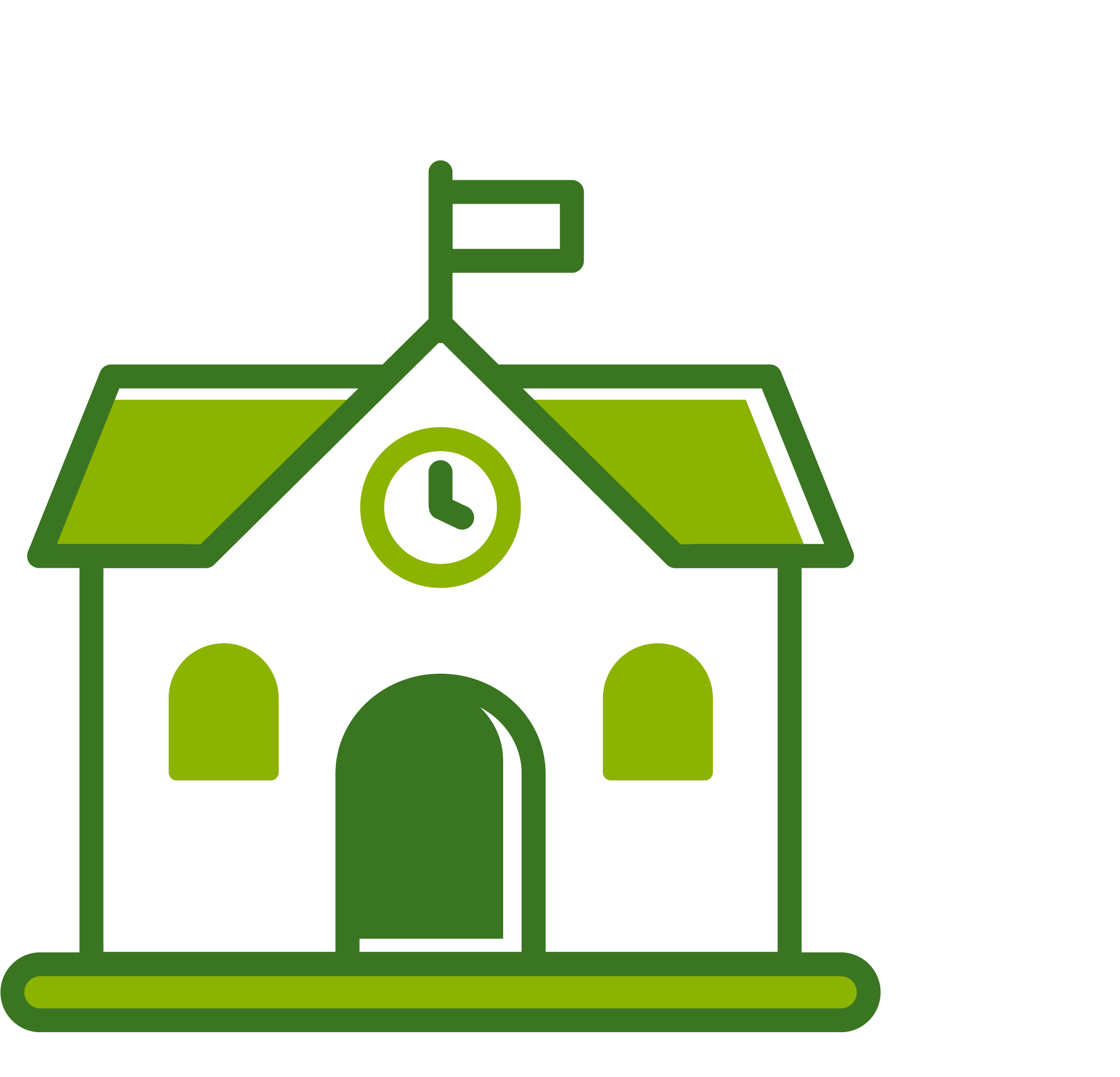 Simplified illustration of a school building with a clock and a flag