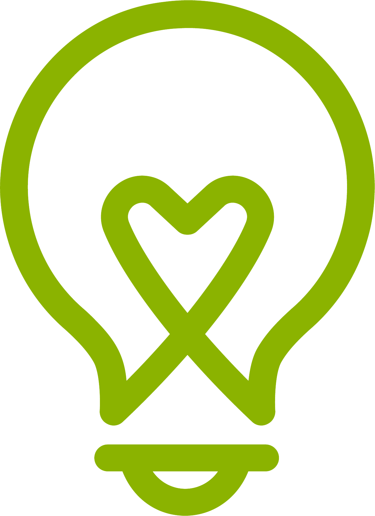 Green outline of a lightbulb with a heart shape inside.