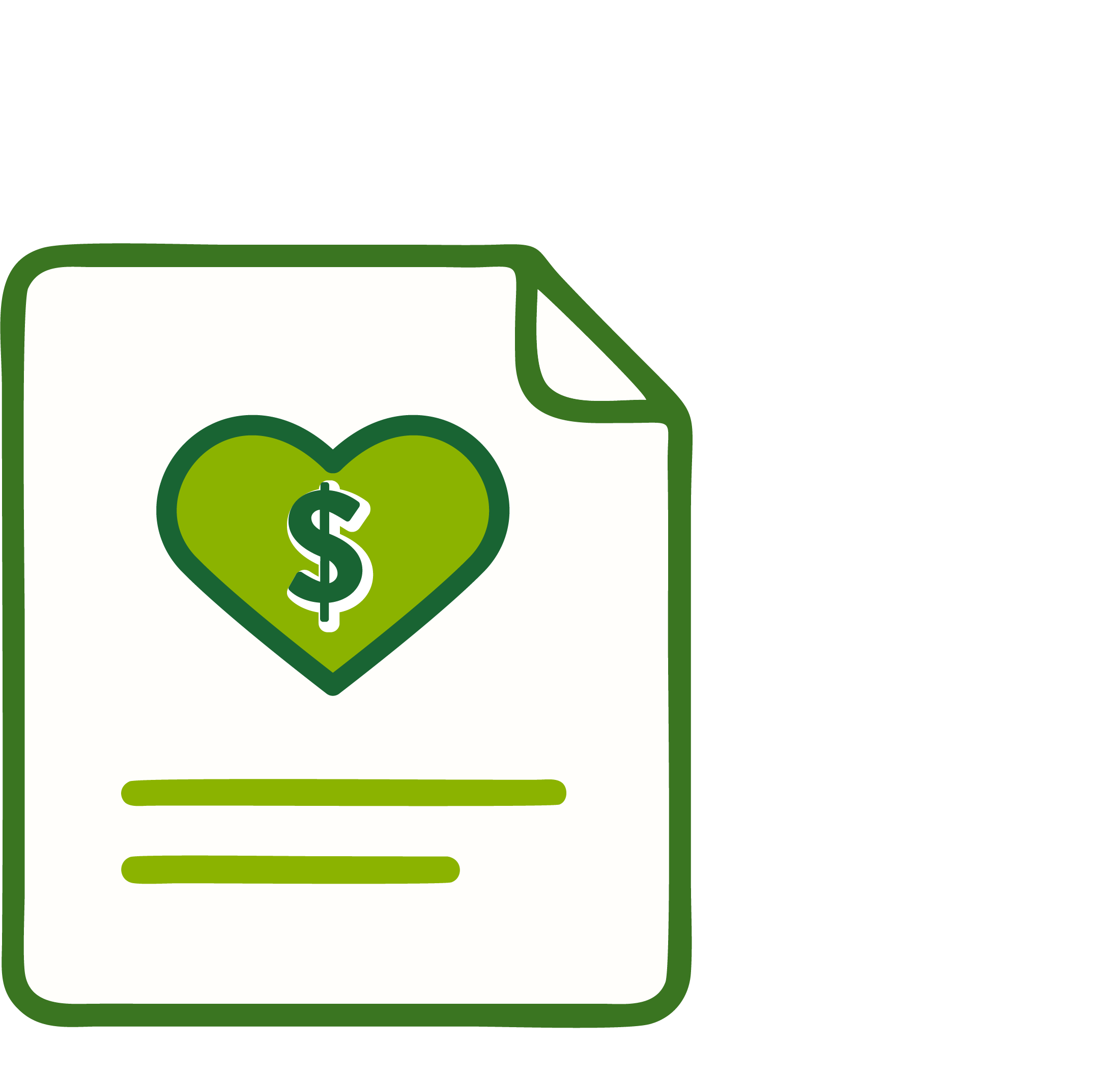 A stylized financial document icon with a green heart symbol containing a dollar sign in the center.