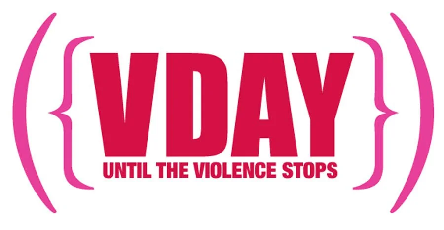 Pink and red logo with the text 'V-DAY' and 'Until the violence stops,' surrounded by pink brackets.