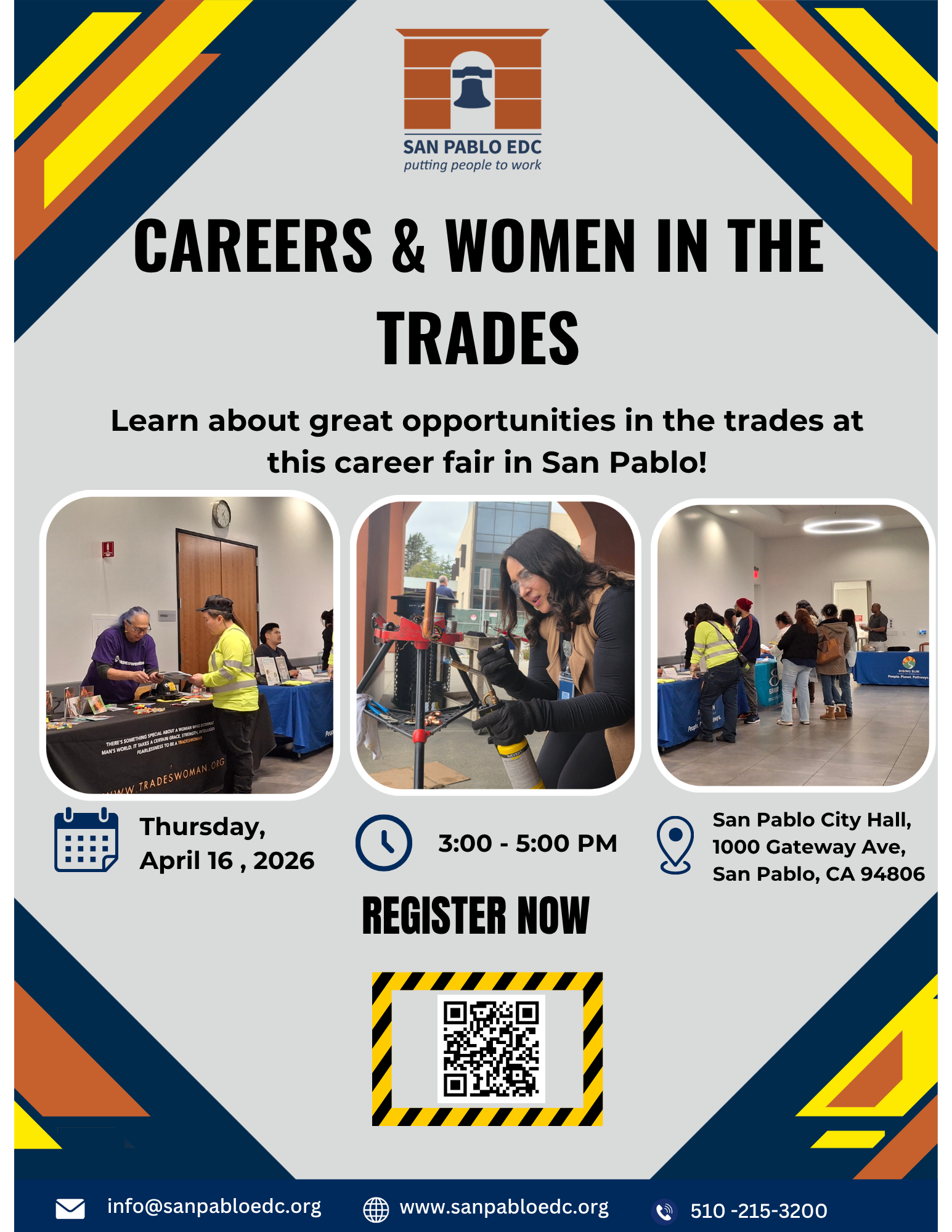 Flyer for women in trades job fair hosted by san pablo edc on thursday, april 16, 2026 3:00 pm to 5:00 pm pst at 1000 gateway ave. san pablo, ca 94806
