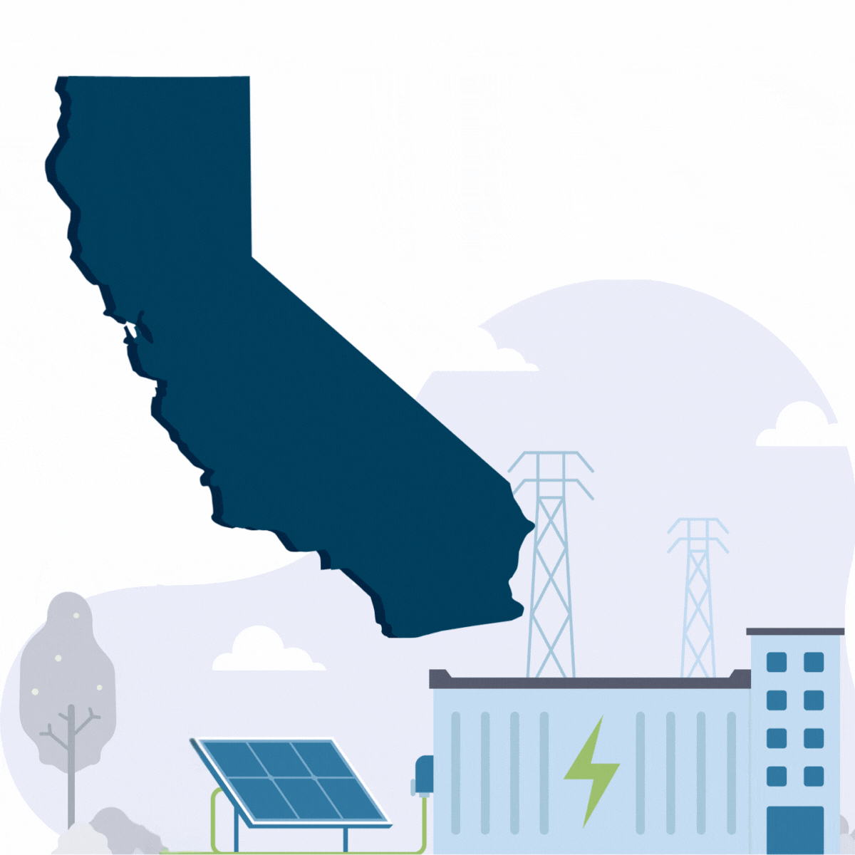 image of california, solar energy, transmission lines, and battery storage