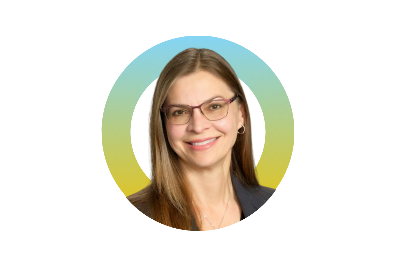 Headshot of a woman with long light brown hair, glasses, earrings, smiling, wearing a blazer