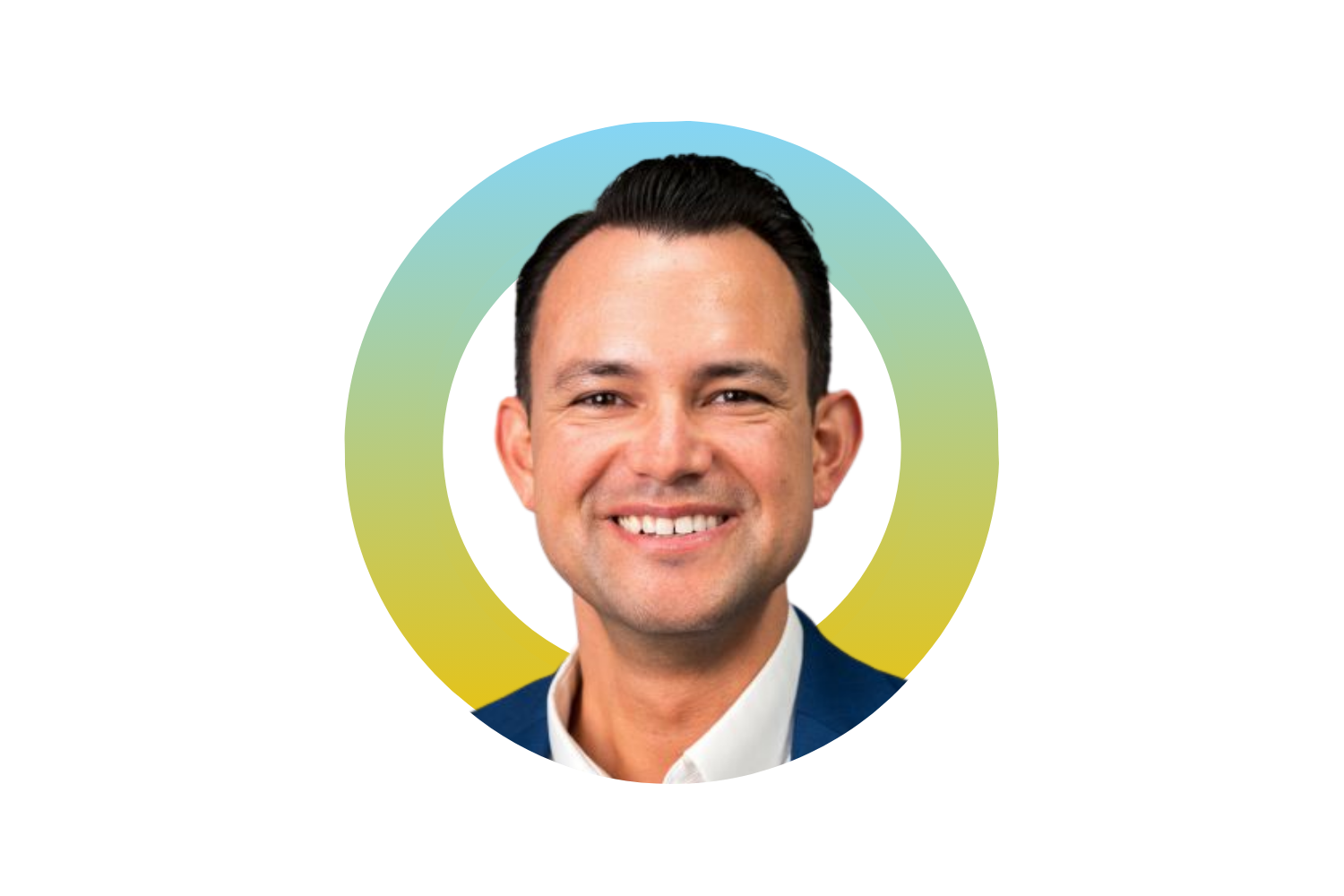 Photograph of a smiling man with short dark hair, wearing a dark suit and white shirt, against a stylized circular background with a gradient from turquoise to yellow.