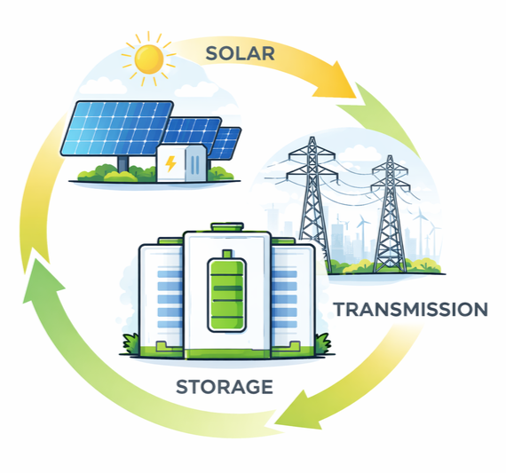 Diagram showing solar energy being used to generate power, transmitted through power lines, stored in a battery-packed storage system, completing a cycle.