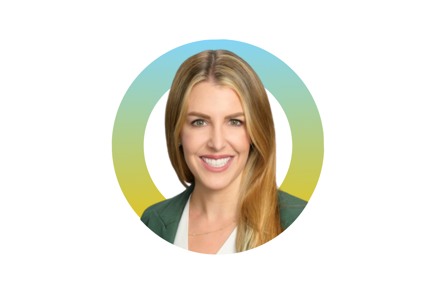 A professional headshot of a woman with long blonde hair, smiling, in front of a circle gradient background from blue to green to yellow.
