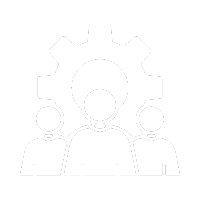 Icon of three people in front of a gear symbol, representing teamwork or collaboration