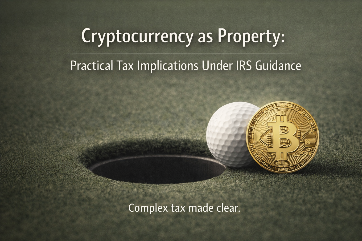 Golf ball and bitcoin on putting green representing cryptocurrency as property under IRS tax guidance