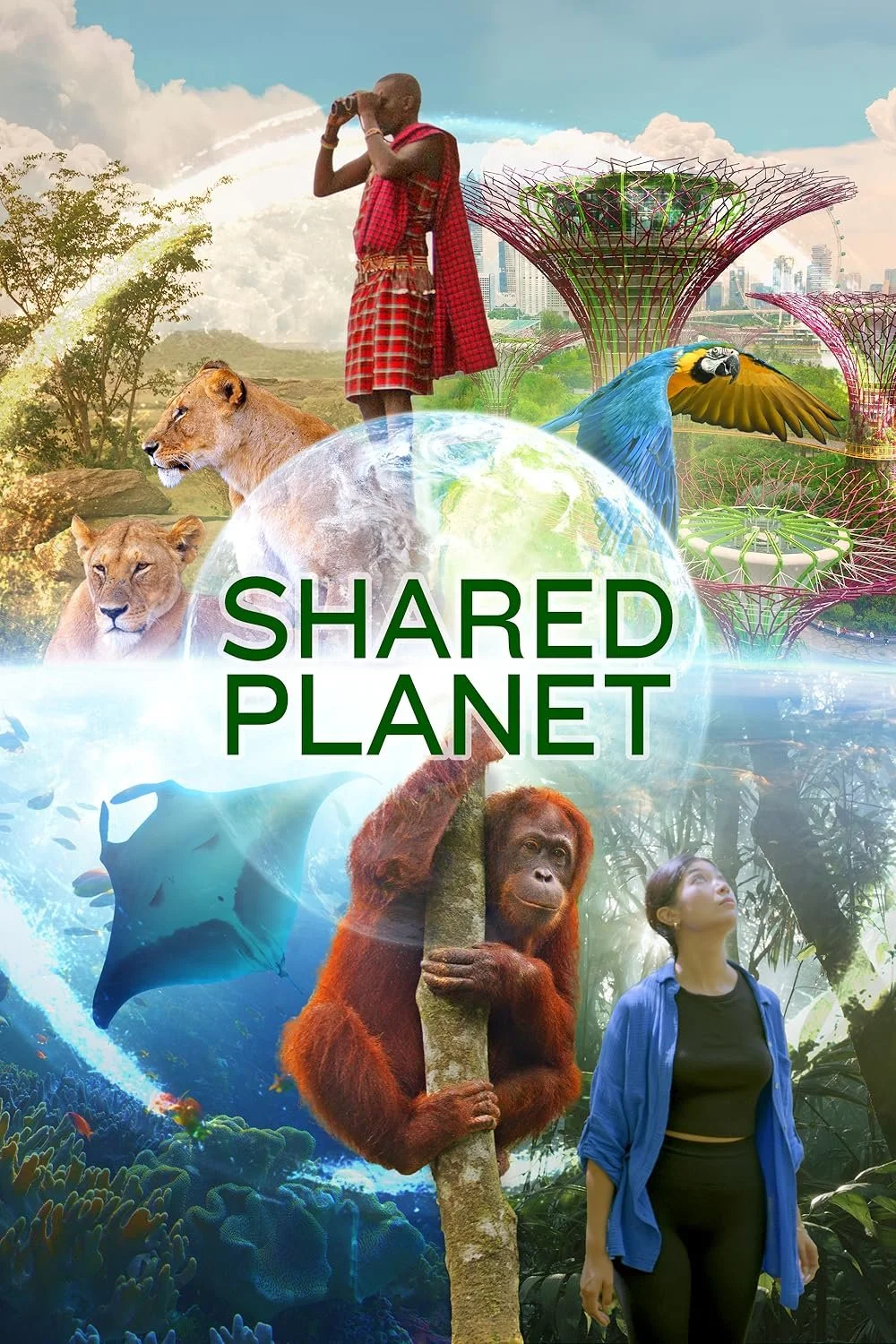 A collage of animals and humans in a lush, green environment with futuristic architecture, featuring a lion, a tiger, an orangutan holding a tree, a blue macaw, a manta ray, and a person using binoculars, with the text "Shared Planet" in the center.