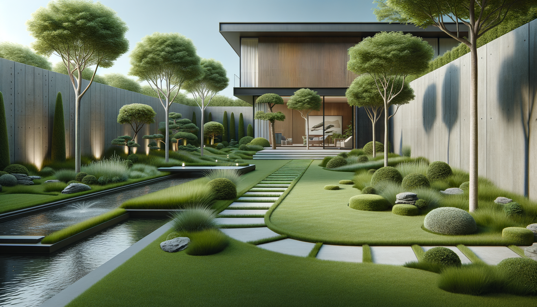 Modern backyard garden with lush green trees, carefully shaped bushes, a small water feature, and a modern house with large glass sliding doors.