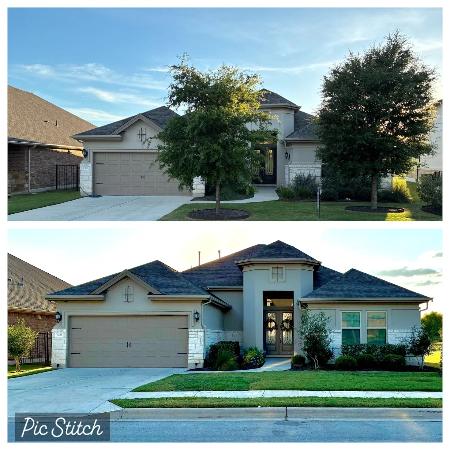 Comparison of two houses showing before and after renovations. The house before renovations features a simple exterior with minimal decor, a light brown garage door, plain windows, and a pathway with a small front yard. The house after renovations has a more detailed facade with added architectural elements, darker roofing, decorative lighting, new landscaping, and a more polished appearance.