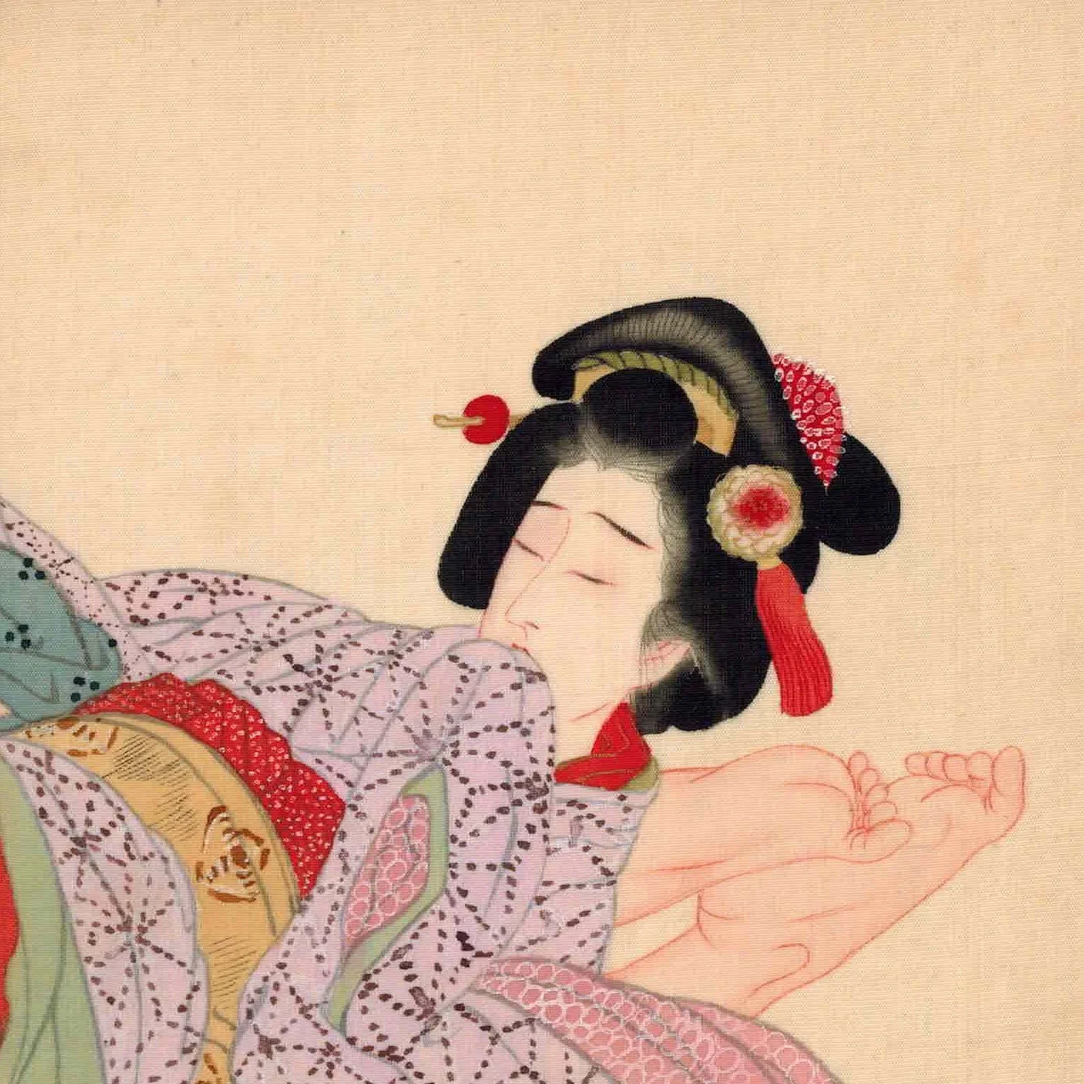A traditional Japanese embroidered artwork features a woman in colorful attire with elaborate hair accessories and makeup, holding a fan.