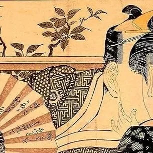 Close-up of traditional Japanese-style artwork featuring a woman, fan, and nature scene.