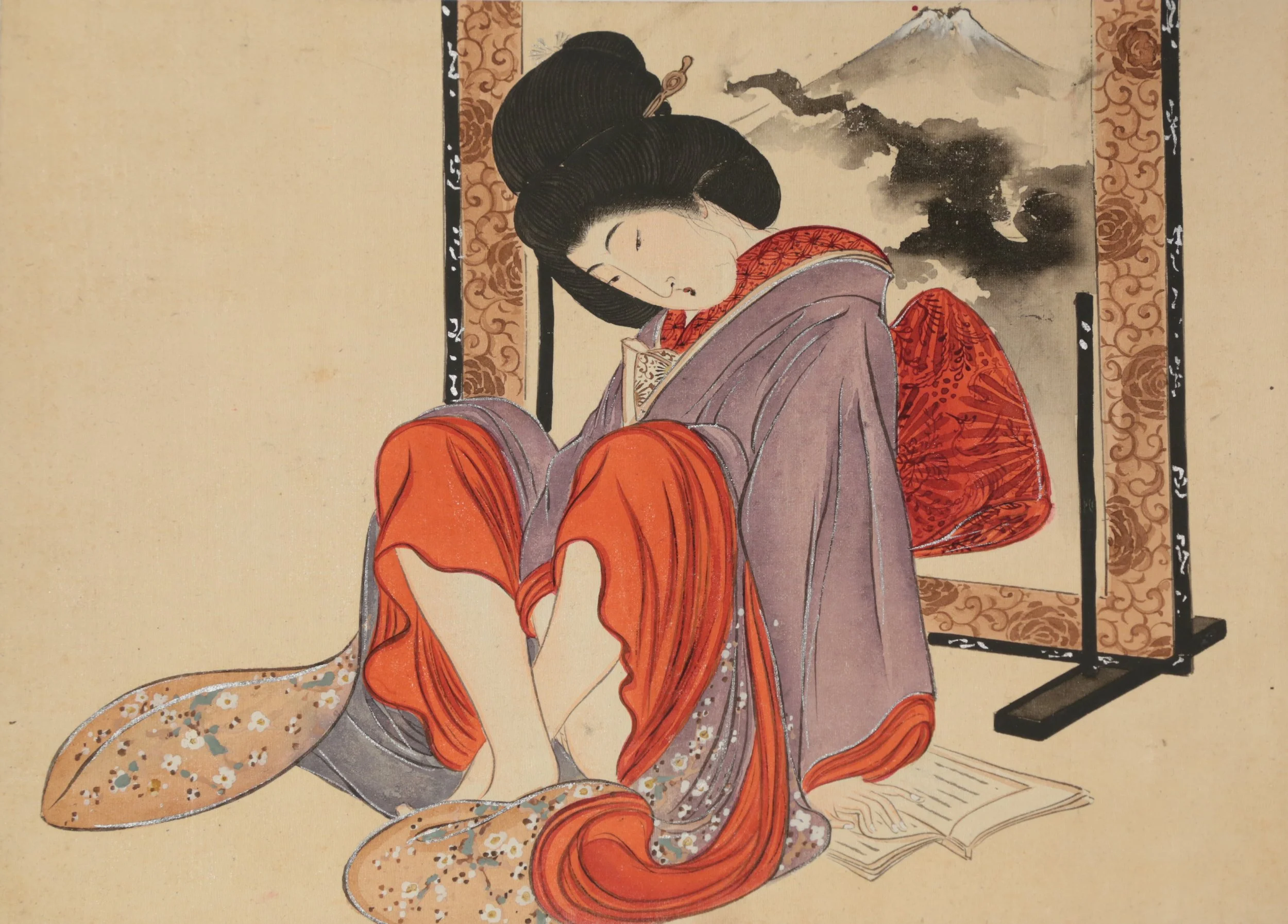 A traditional Japanese woodblock print of a woman sitting in front of a folding screen, with Mount Fuji in the background. The woman has black hair styled elaborately, and is dressed in colorful kimonos with intricate patterns.