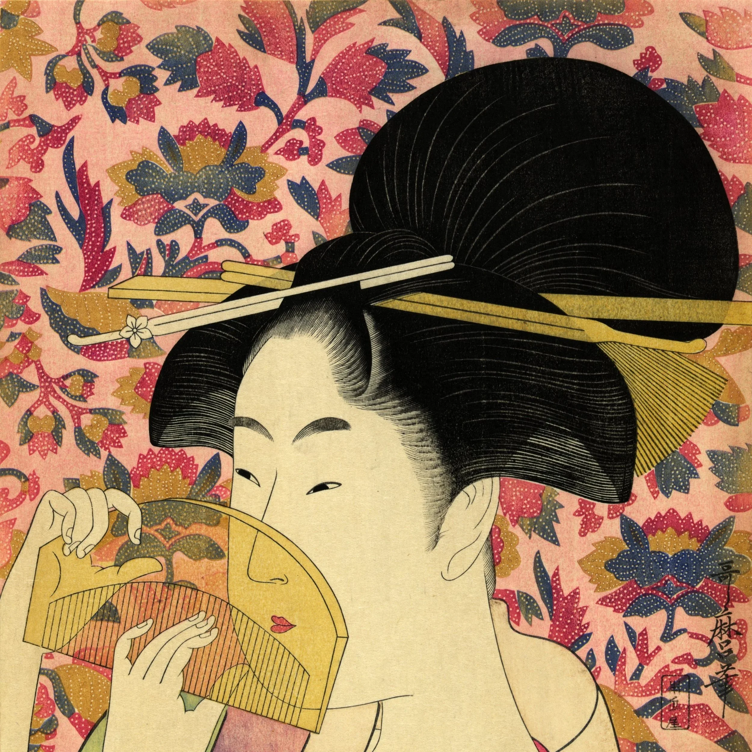 Traditional Japanese woodblock print of a woman with black hair styled in a kimono, holding a bamboo hat, set against a pink background with floral patterns.