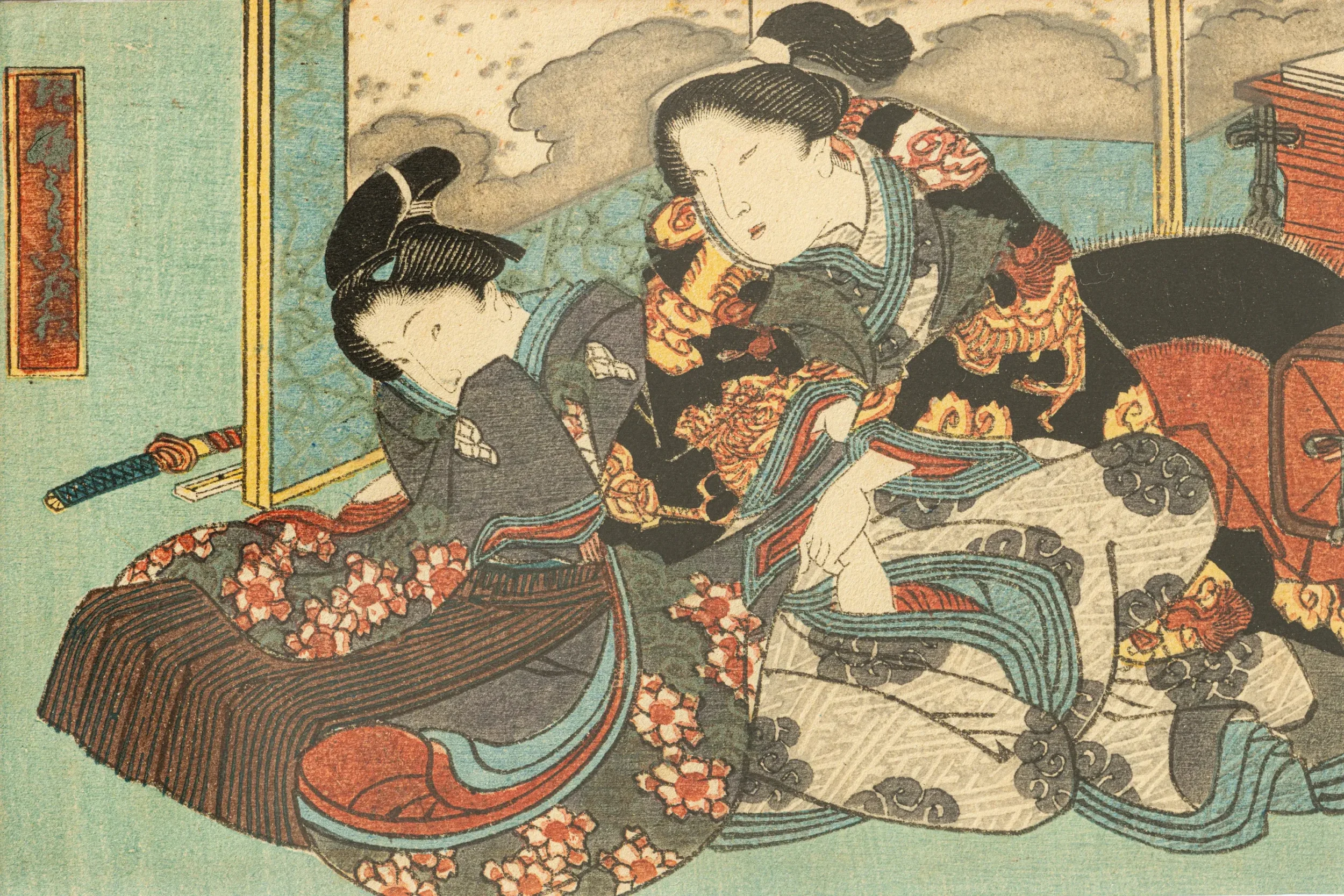 A traditional Japanese artwork depicting two women in colorful kimonos interacting, surrounded by flowers and interior decor.
