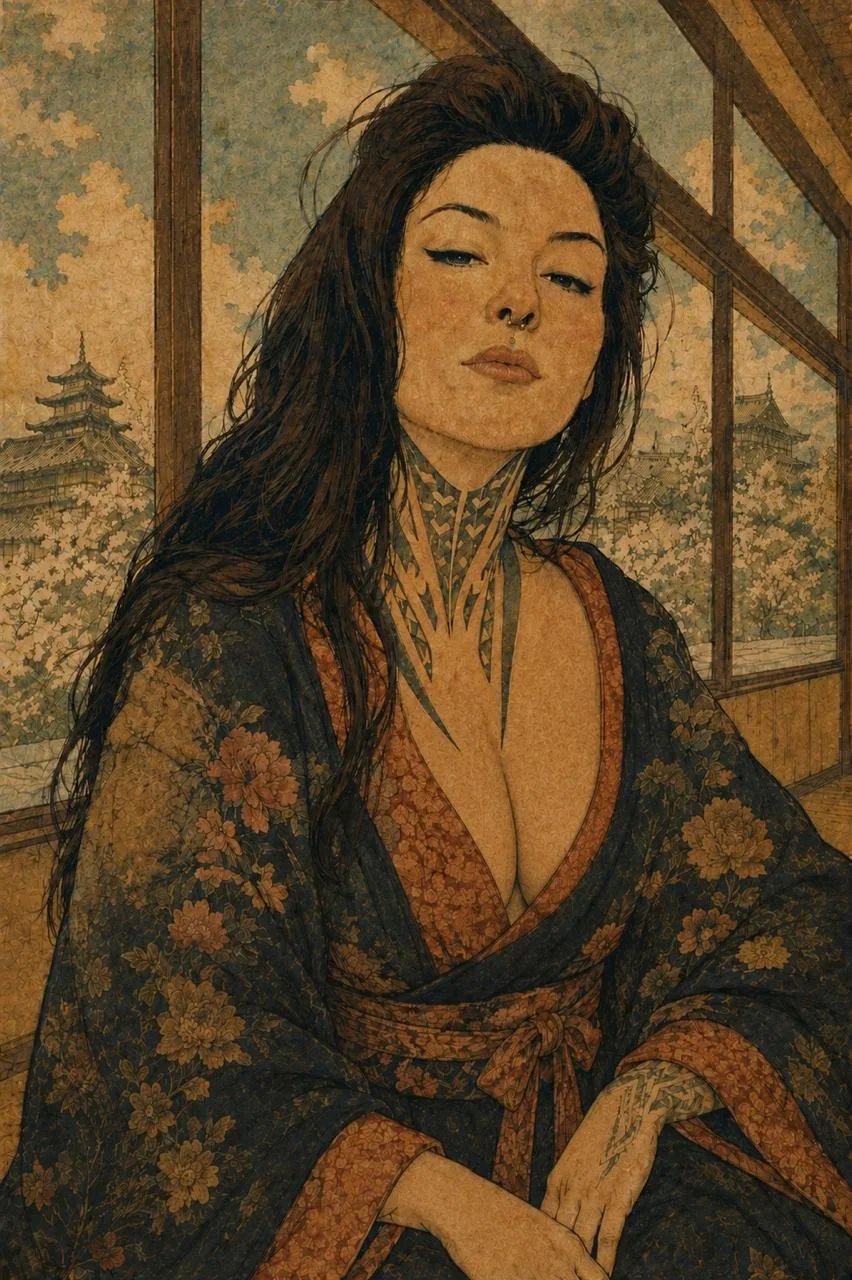 A woman with long dark hair, tattoos, and a septum piercing posing in front of a window with a traditional Asian scene in the background.