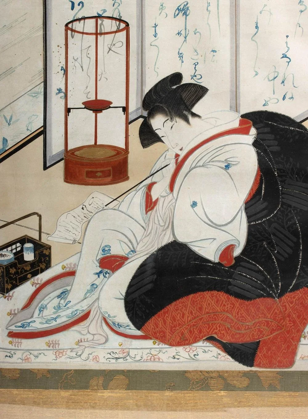 A traditional Japanese woman dressed in kimono is sitting on the floor, looking at a paper, with a katana resting on her lap. Behind her, there is a red display case and a screen with blue calligraphy, suggesting a classical or historical setting.