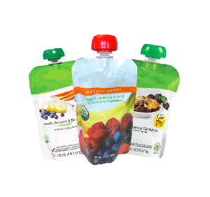 Three squeezable fruit pouches, one with mixed berries and the other two with green-colored contents, likely spinach or other green vegetables.