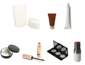 A collection of makeup products including a soap bar, a soap dish, a cream or lotion tube, a white squeeze bottle, an eyebrow powder palette, a lipstick, an eyeshadow palette, and a lipstick tube.