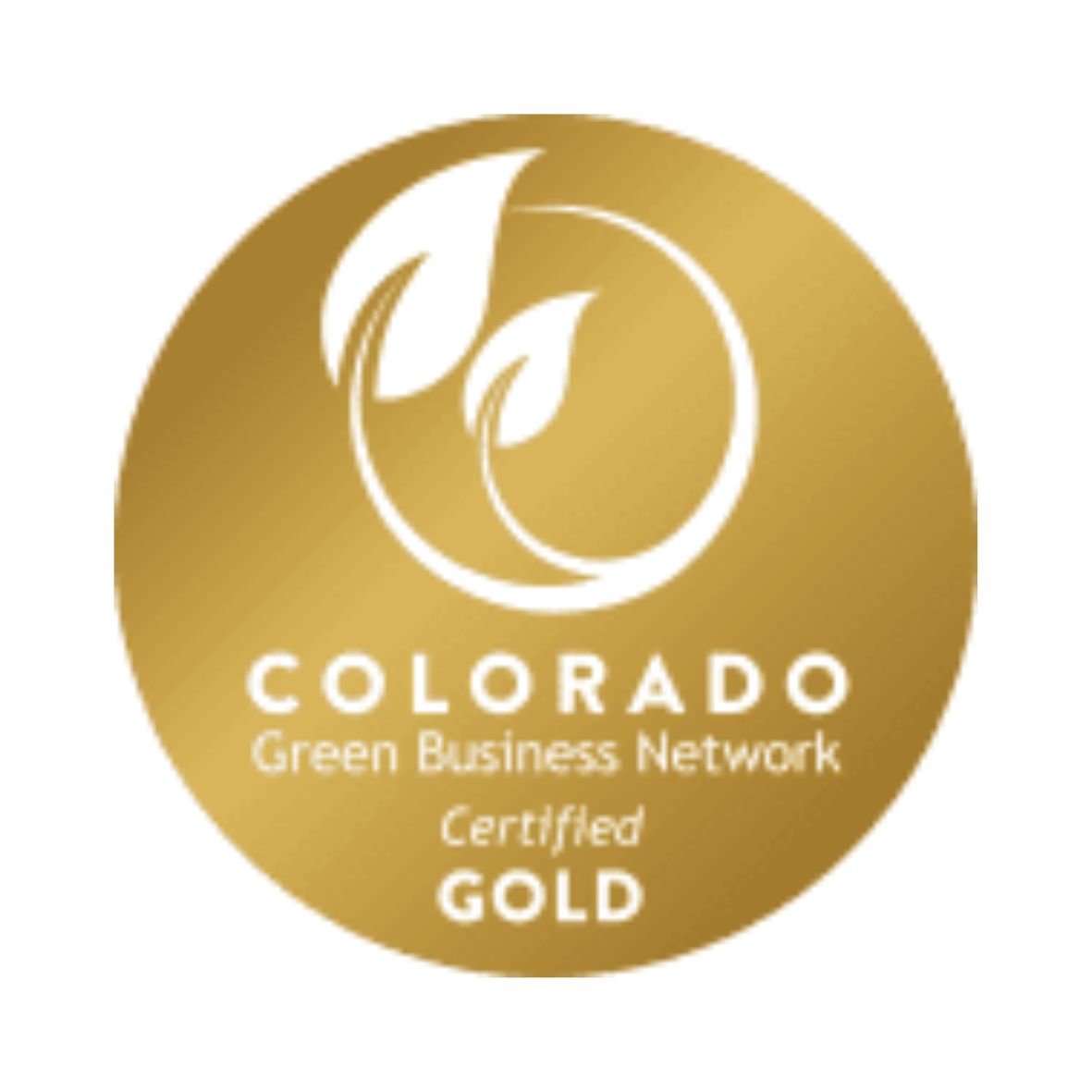 Gold circular badge with a white leaf design, text reads 'COLORADO Green Business Network Certified GOLD'.