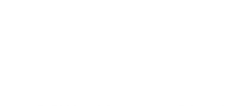 Logo for Convivio Café at the Alliance Center, featuring a church window with a flower on the left and a stylized leaf and pattern on the right, all in white on a black background.